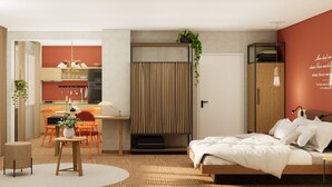 A modern bedroom with a bed, bedside table, and a small seating area with a chair and table. - Henriette Stadthotel Vienna (Vienna)