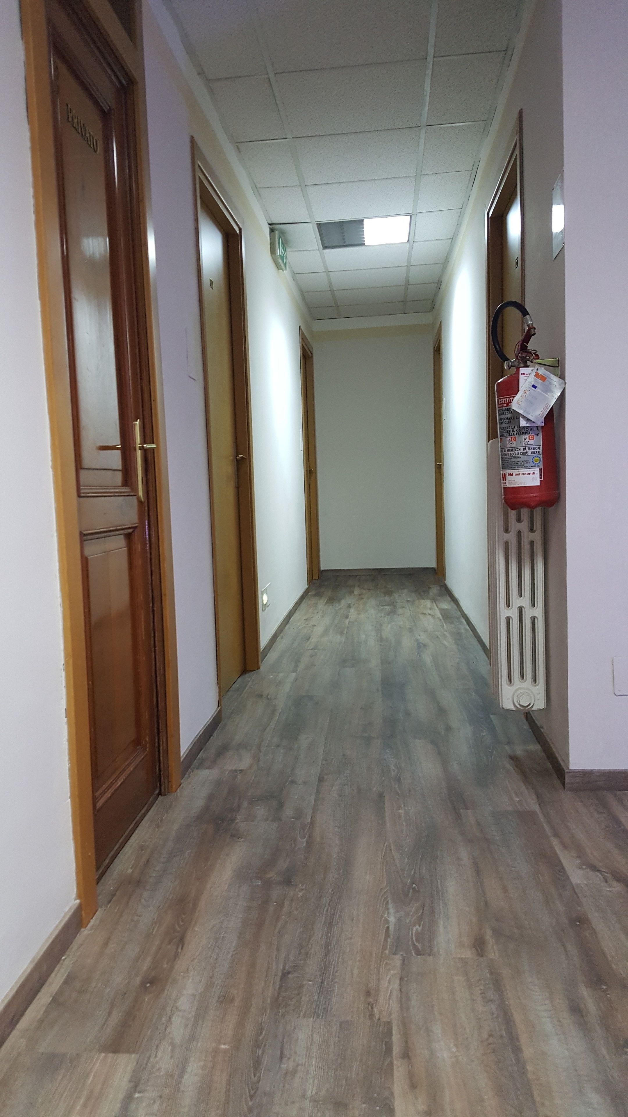A hallway with wooden doors, a fire extinguisher, and a ceiling light.