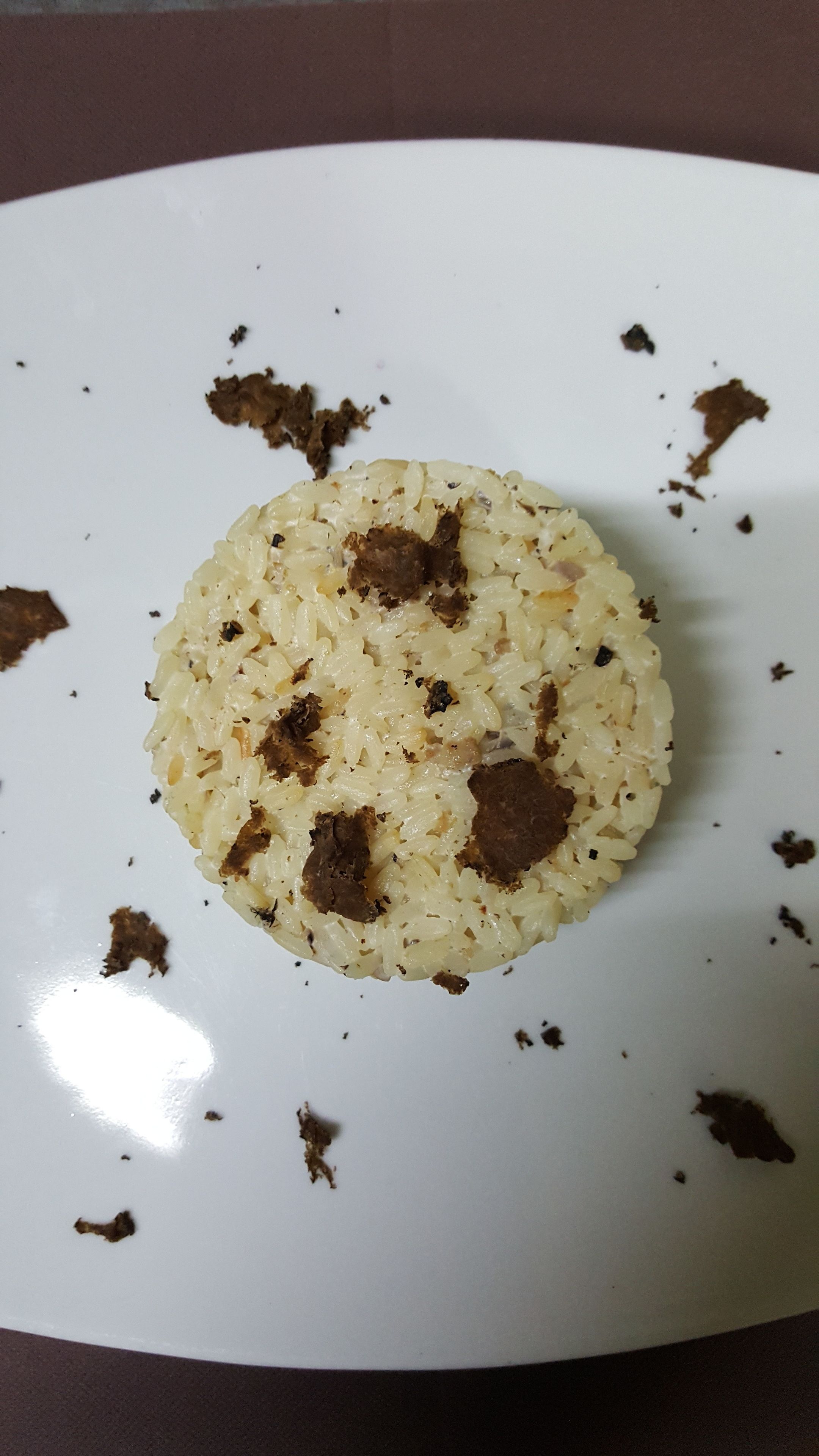 Un plato blanco con arroz en montón y trozos de carne esparcidos.