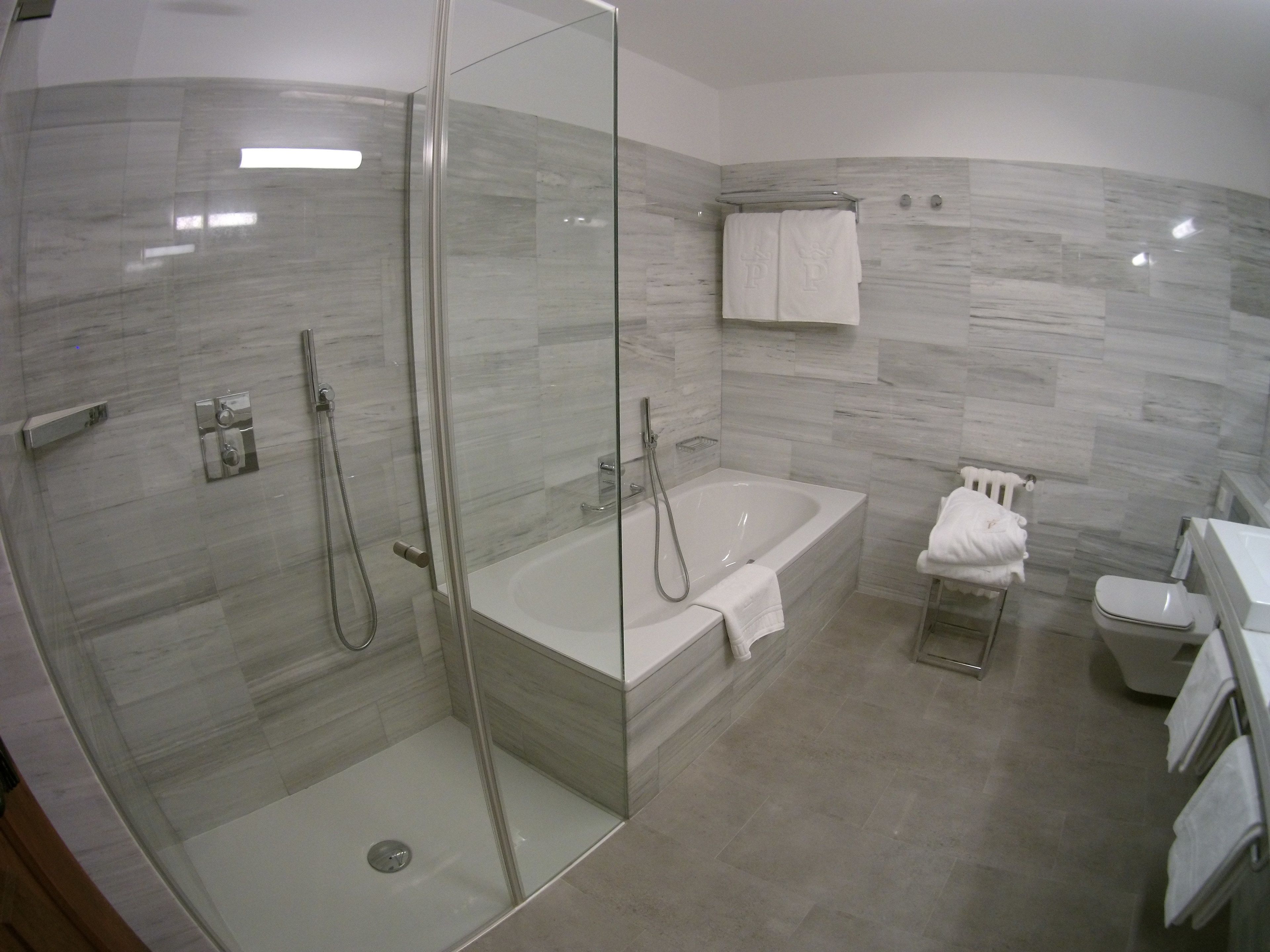 Un baño moderno con ducha envuelta en vidrio, una bañera independiente y un inodoro.