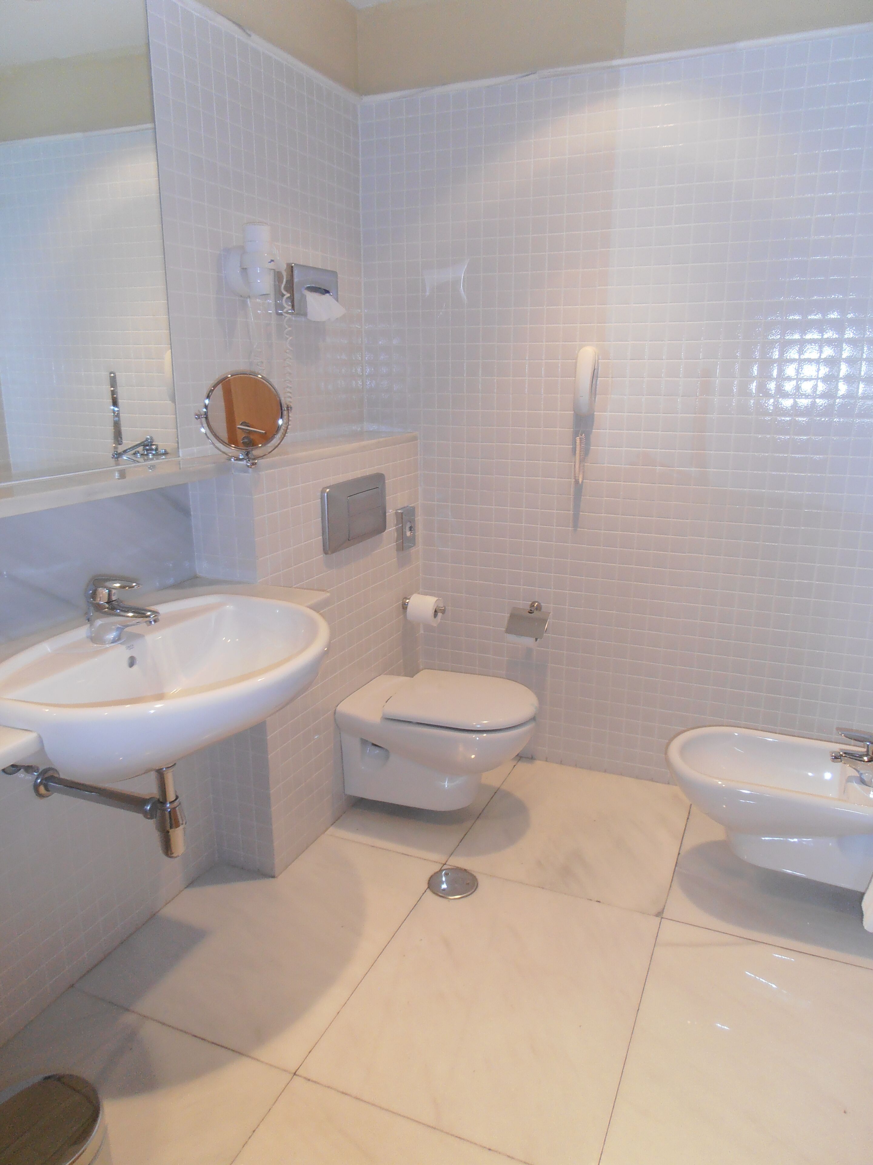 A bathroom with a sink, toilet, bidet, and a mirror.