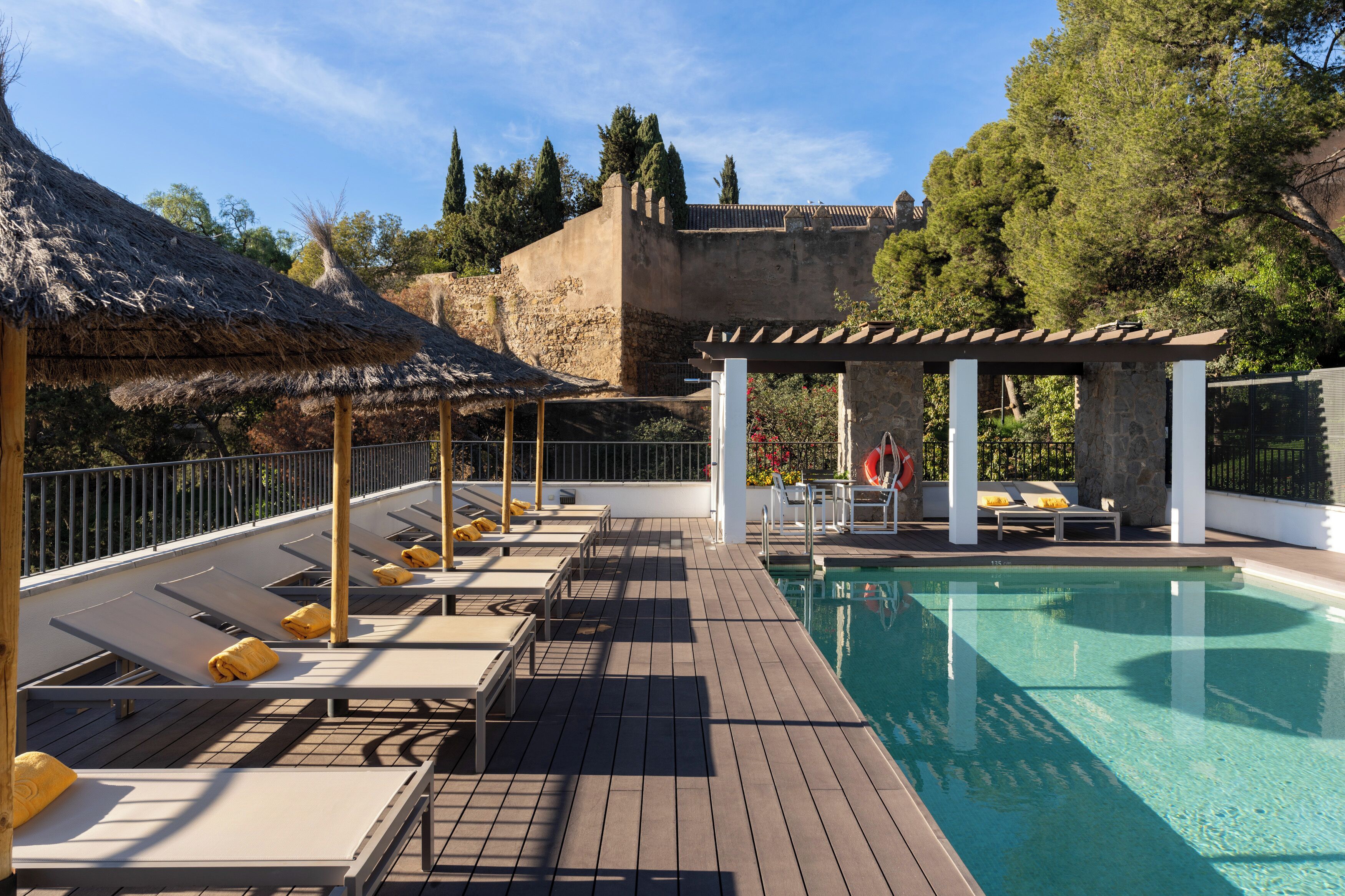 outdoor pool, pool loungers