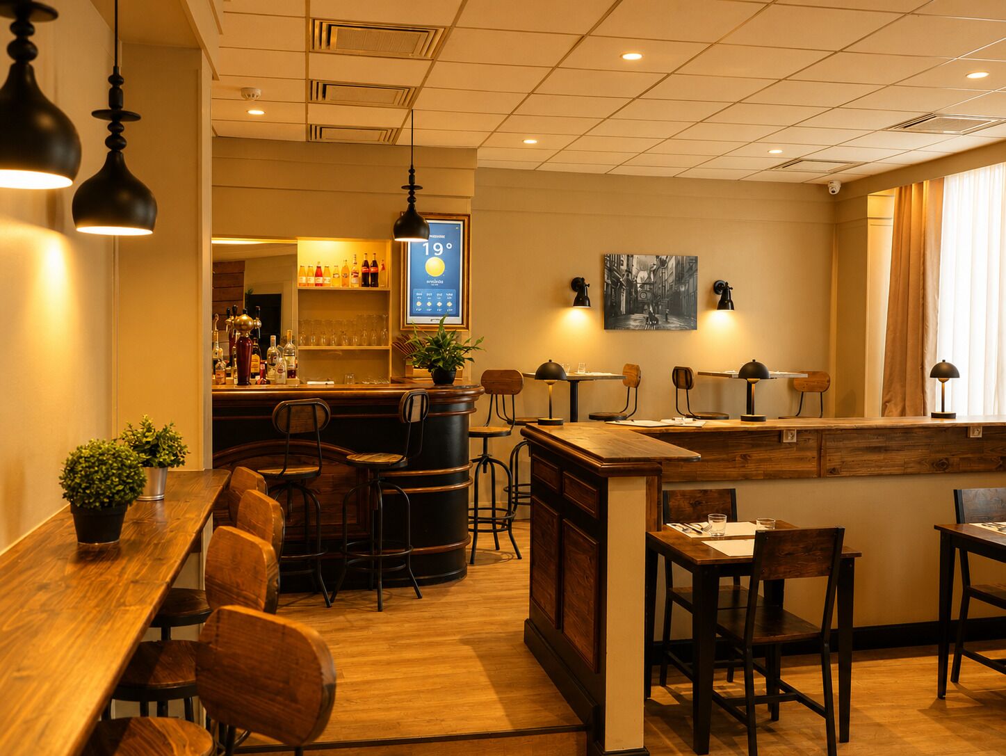 A restaurant with a bar area, wooden furniture, and pendant lighting.