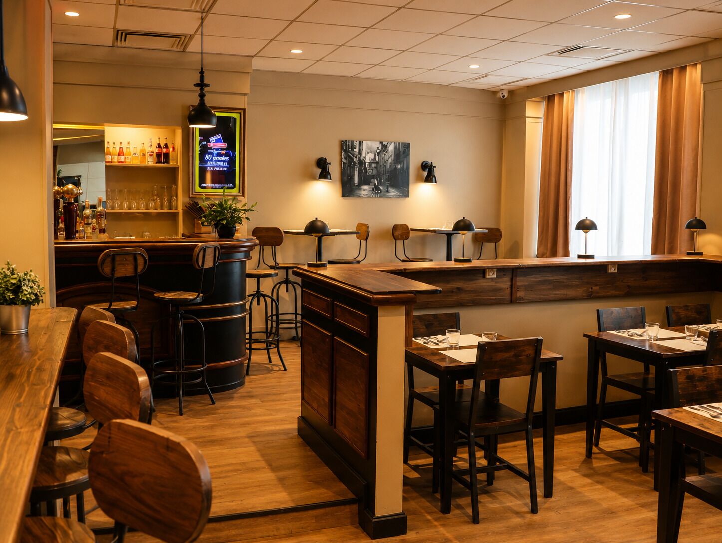 A bar area with stools, a counter with bottles, and a television screen.