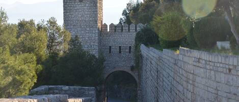 Un puente de piedra que conduce a un castillo con una torre.