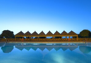 Seasonal outdoor pool, pool umbrellas, pool loungers