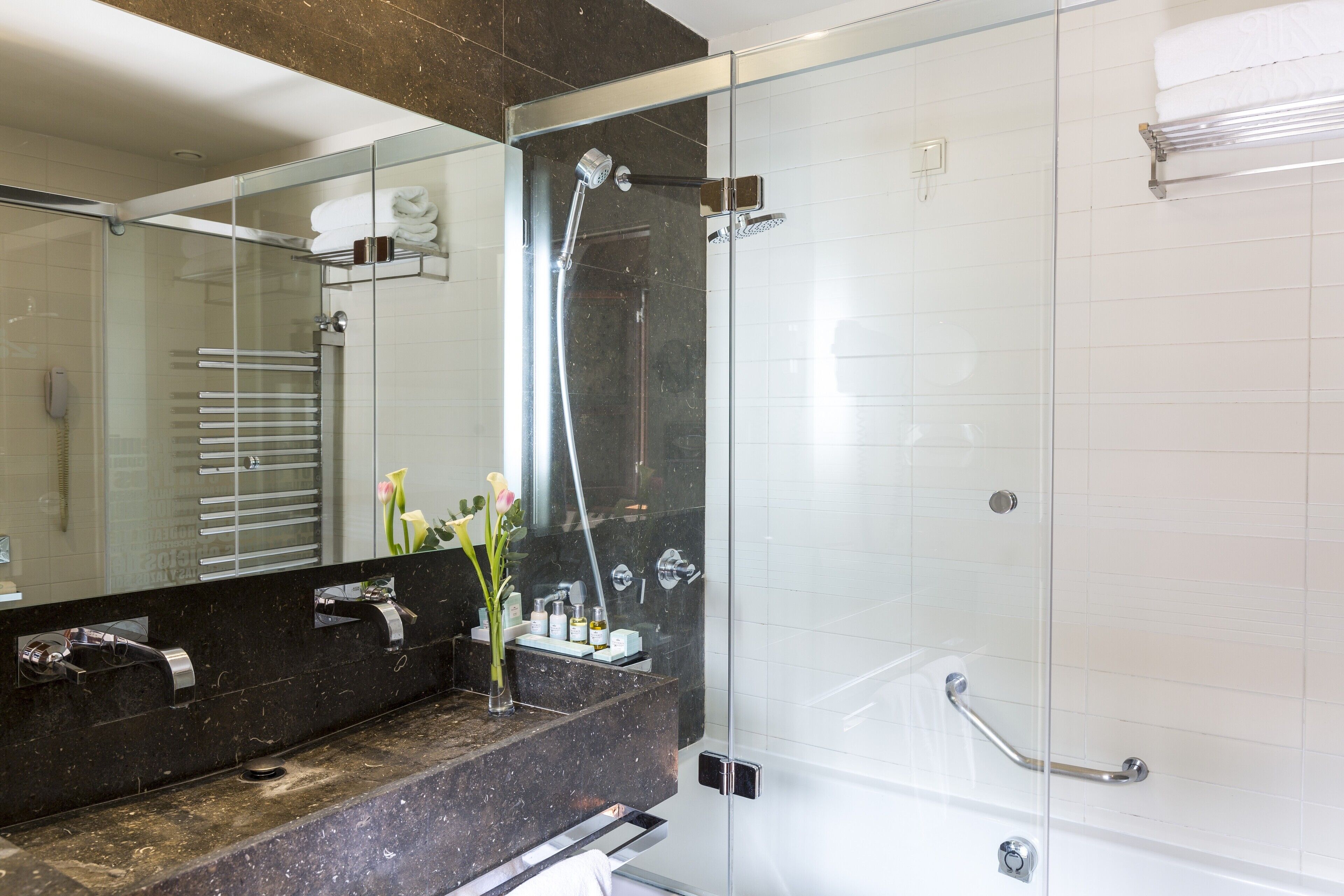 jetted bath, free toiletries, hair dryer, bathrobes