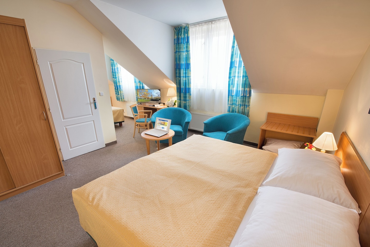 Quarto de hotel com uma cama grande, uma escrivaninha, uma cadeira e vista para o exterior.