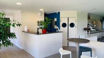 A modern kitchen with a central island, white bar stools, and a potted plant.