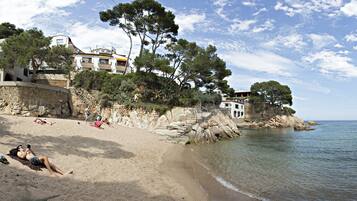 A beach with a stone wall, a building with multiple balconies, and a clear sky.