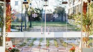 A glass door with two handles and a metal rod in the center. - Parador de Manzanares (Manzanares)