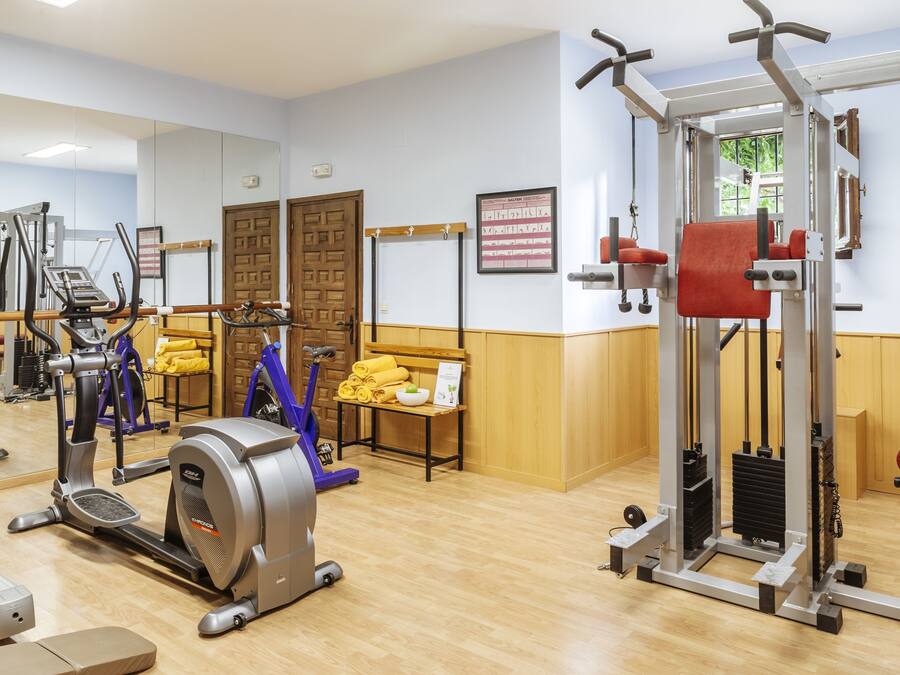 Un gimnasio con máquinas de cardio, equipo de levantamiento de pesas y un espejo en la pared.