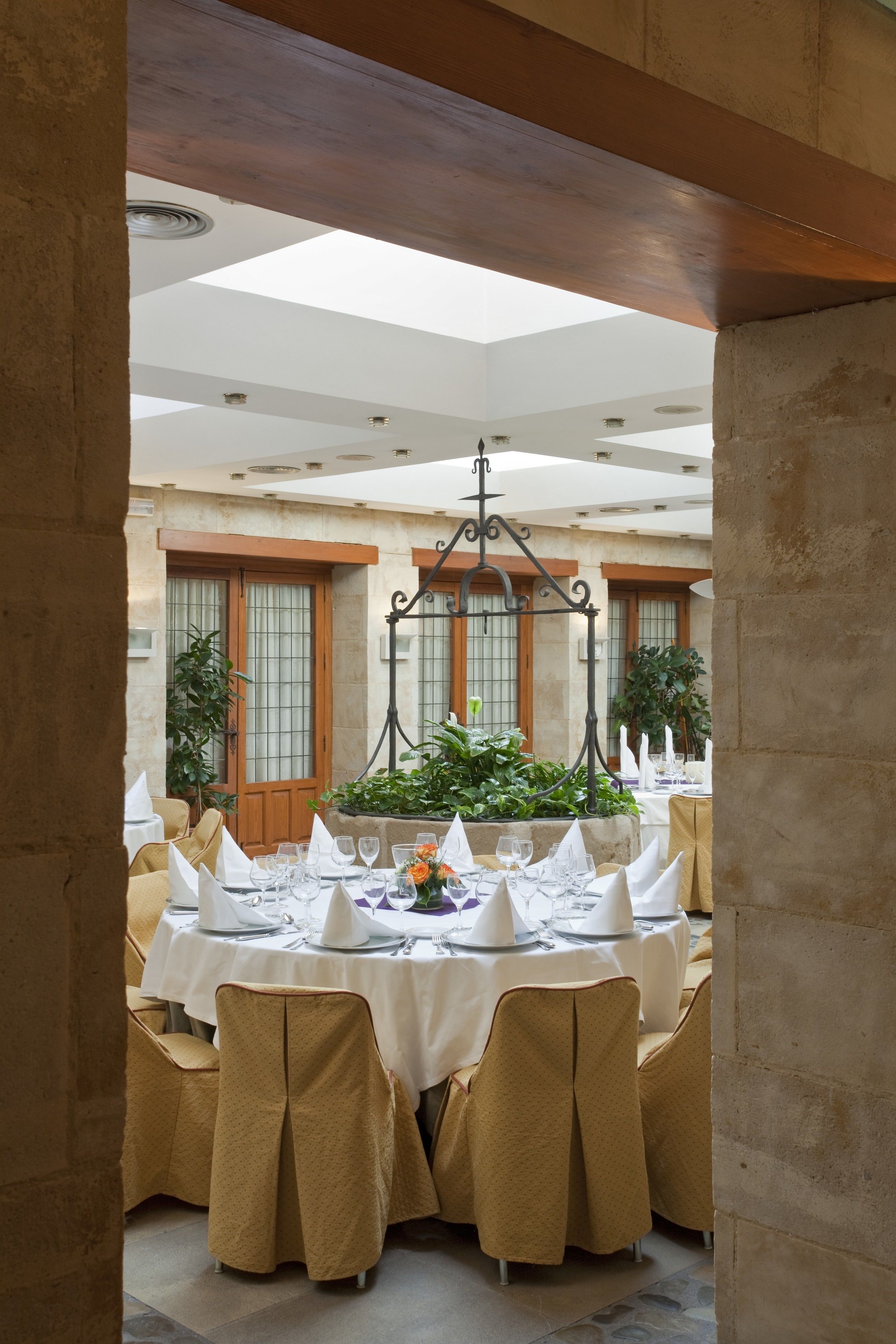 A dining area with tables set for a meal, surrounded by chairs, and a central plant.