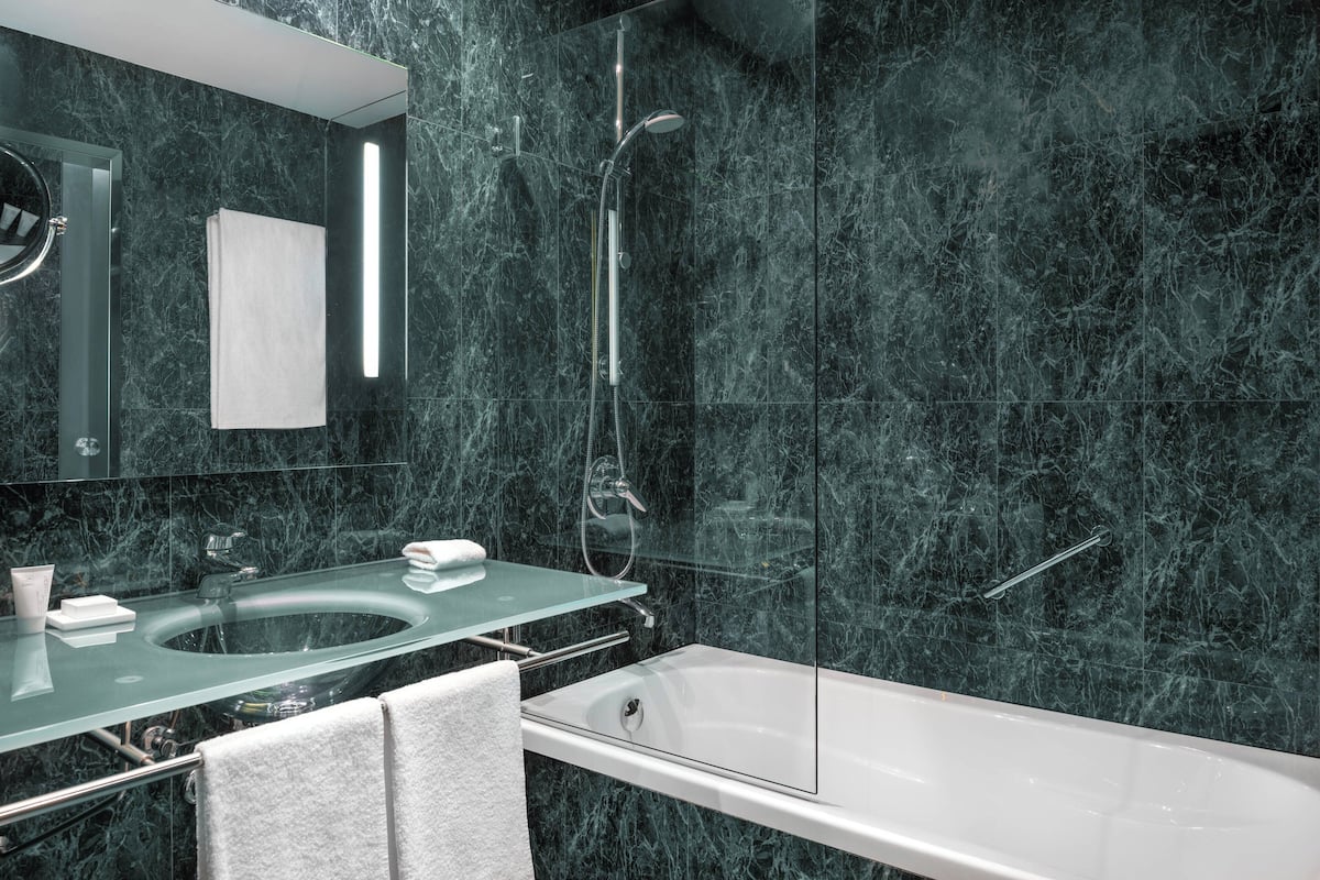 combined shower/bathtub, free toiletries, hair dryer, bidet