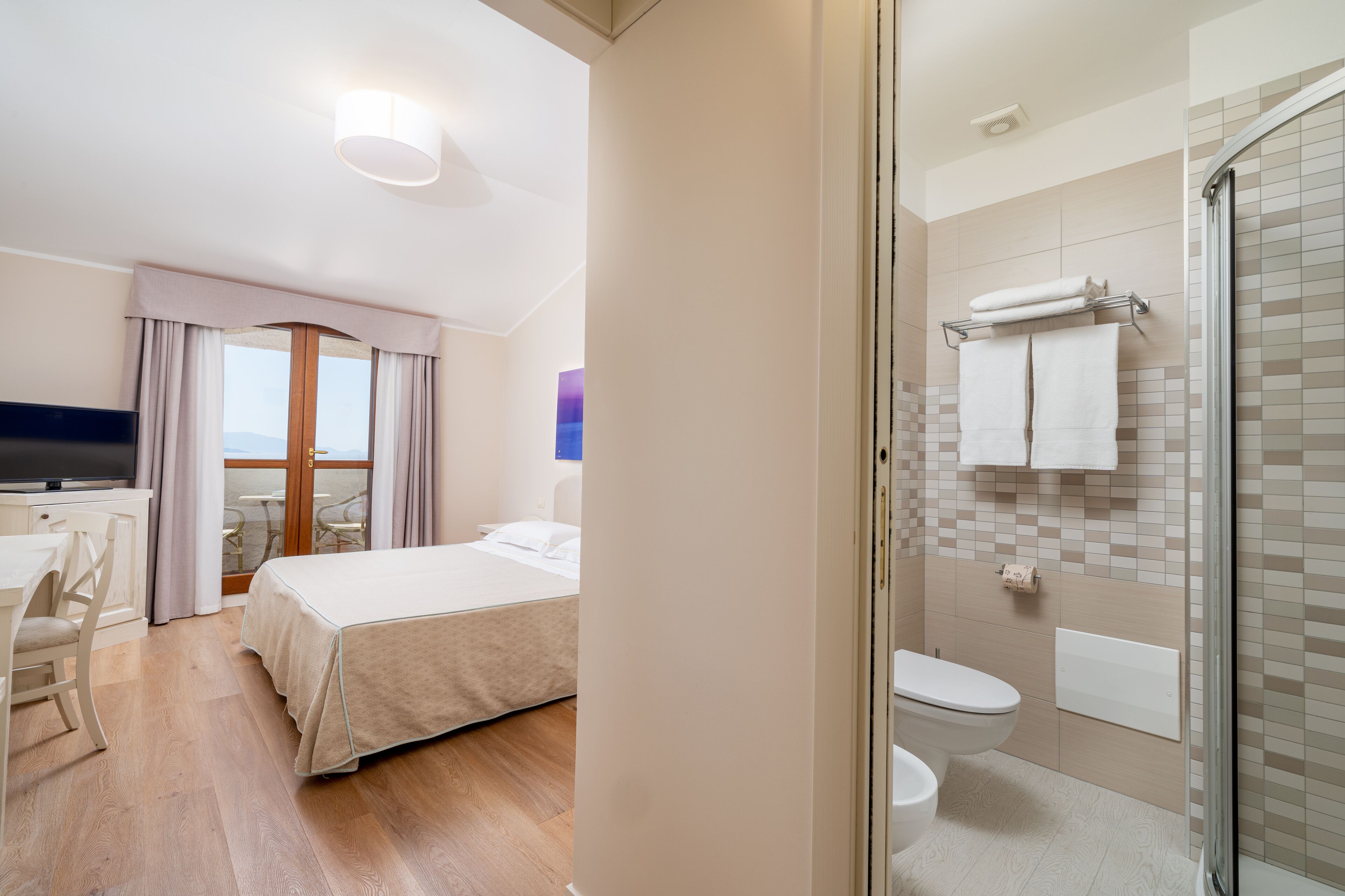 A hotel room with a bed, a desk, a TV, a shower, and a view of the sea.