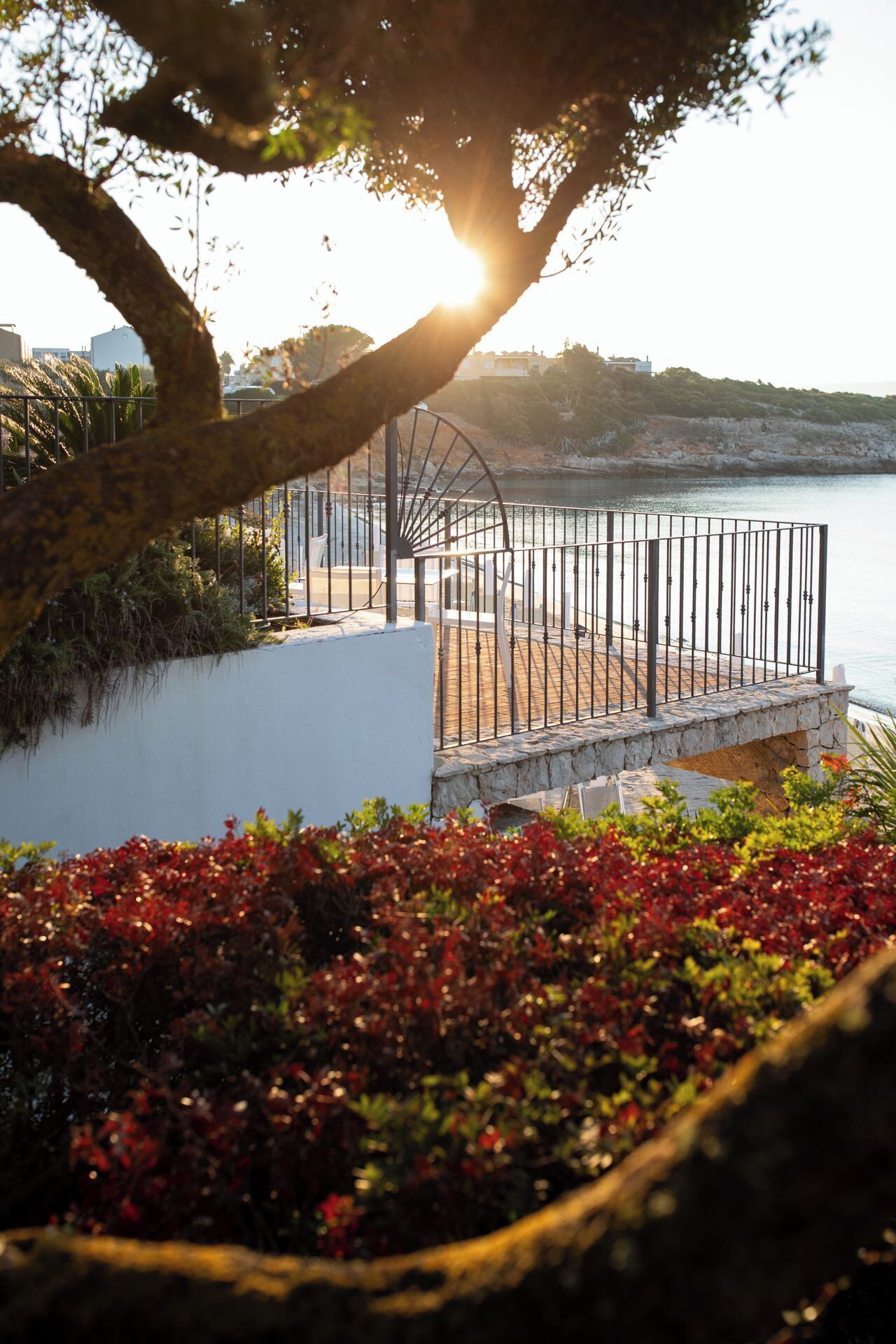 Un jardín costero con un banco de piedra, una valla de metal y vistas al mar.