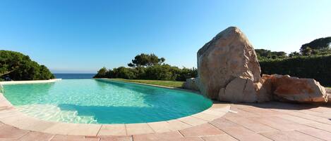 A swimming pool with clear blue water, surrounded by a tiled deck and a large rock formation.