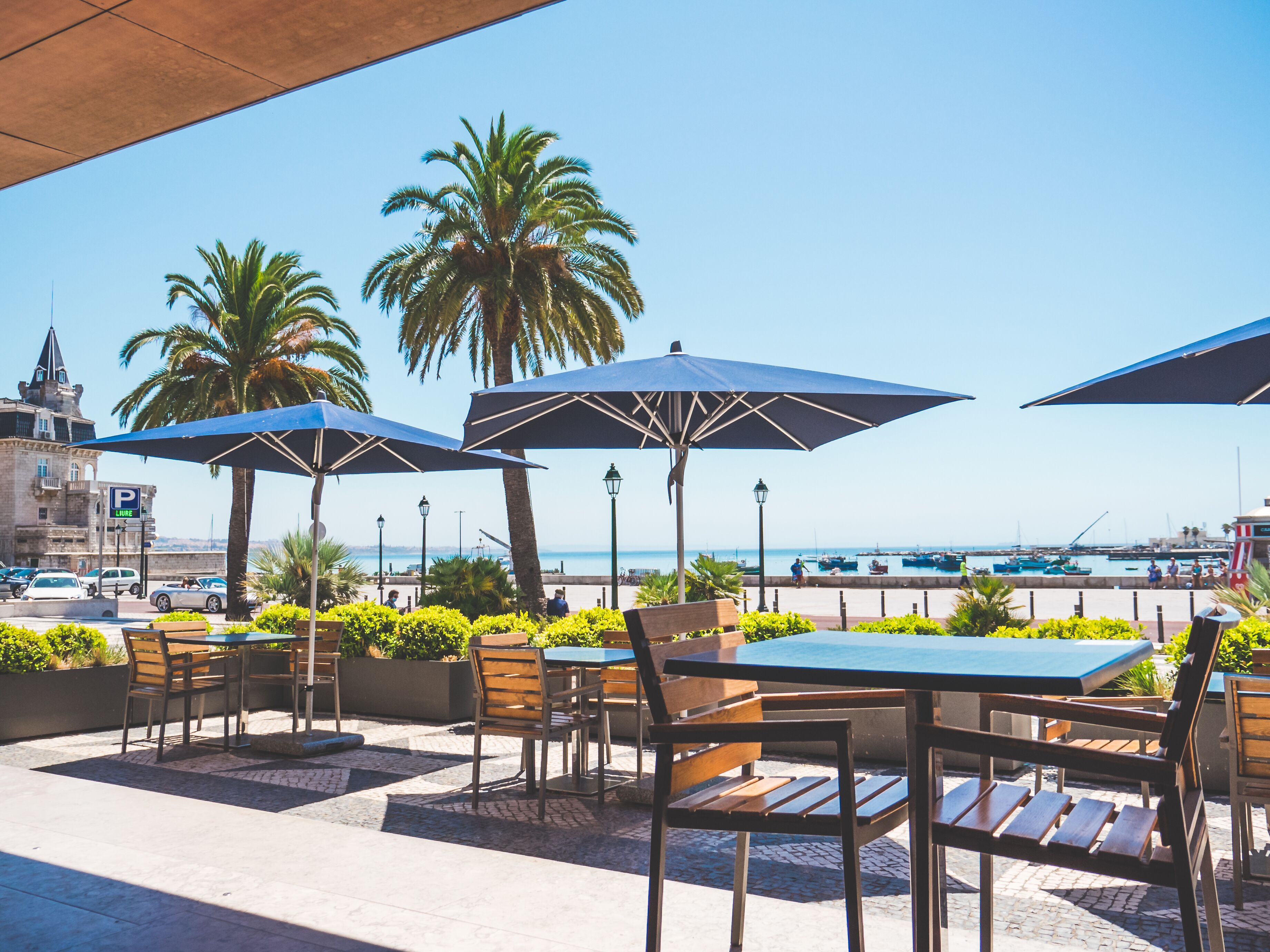Een terras met tafels en stoelen, parasols en palmbomen.
