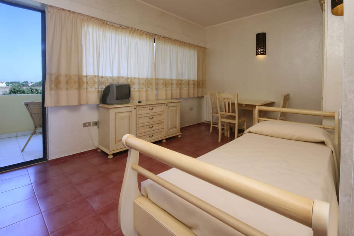 A bedroom with a bed, a desk, a television, and a chair.