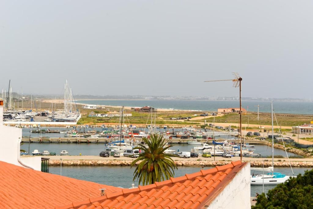 Un port de plaisance avec des bateaux amarrés, un ciel dégagé et une côte lointaine.