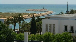 A coastal view with a rocky breakwater, palm trees, and a white building with patterned windows. - Lagosmar Hotel (Lagos)