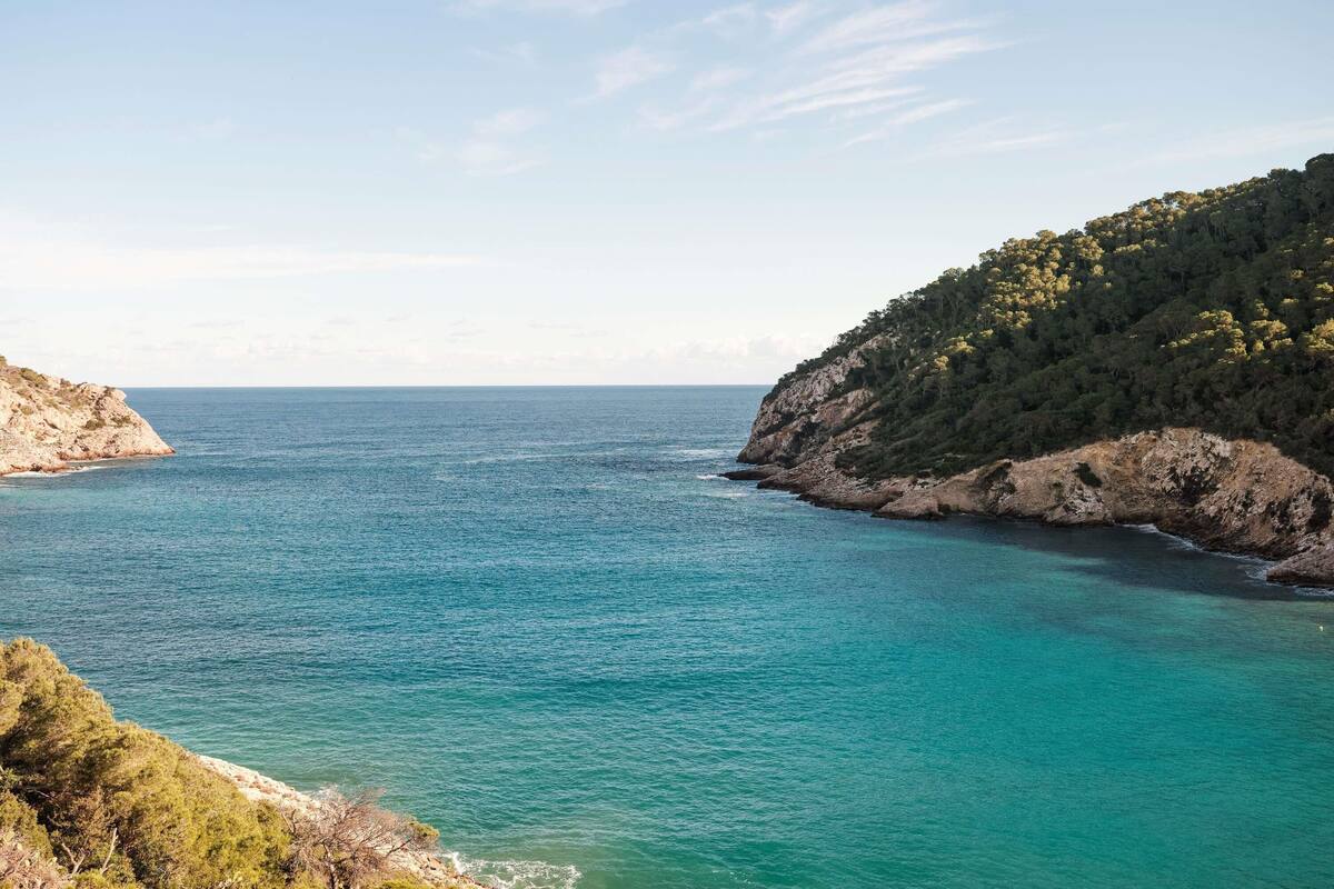 Un paysage côtier caractérisé par une mer bleue et limpide, des falaises rocheuses et une végétation luxuriante.