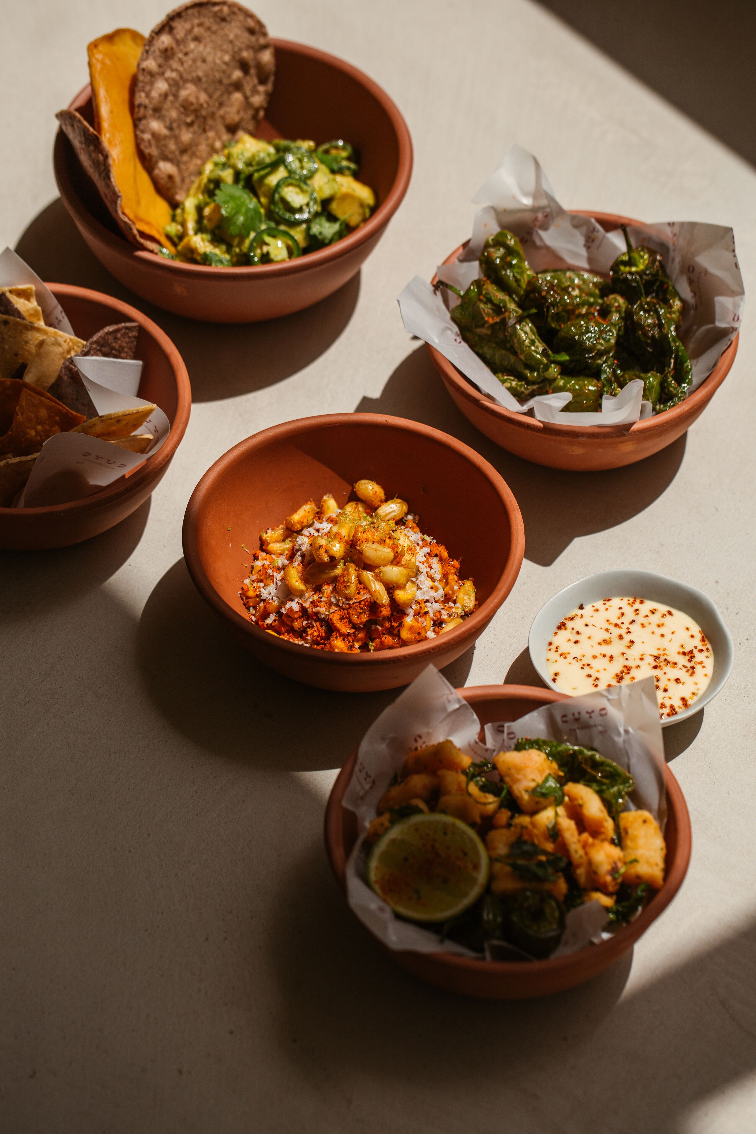 A table with various dishes in terracotta bowls, including what appears to be a salad, roasted vegetables, and a side of chips.