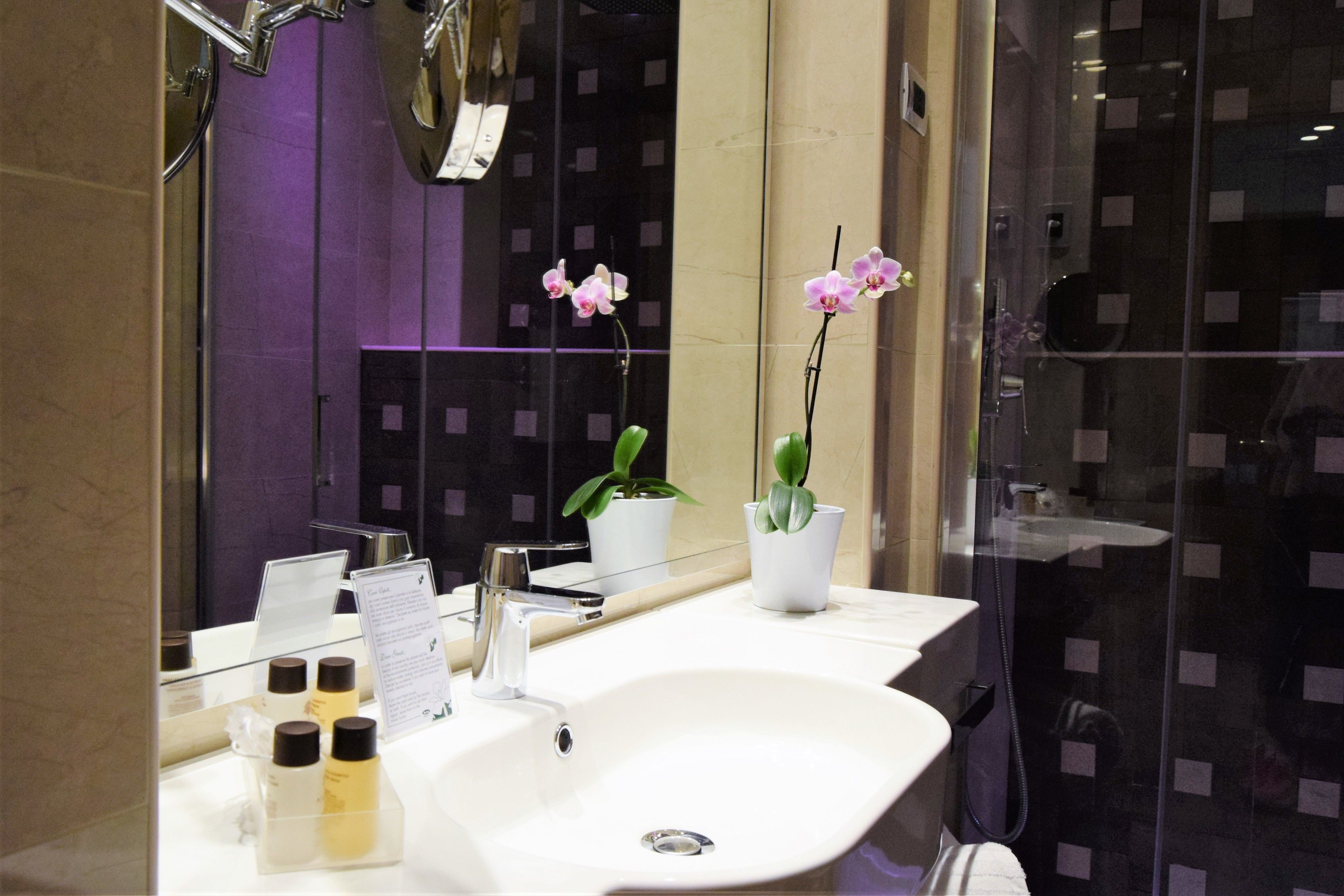 A bathroom with a white sink, a mirror, and two potted orchids.