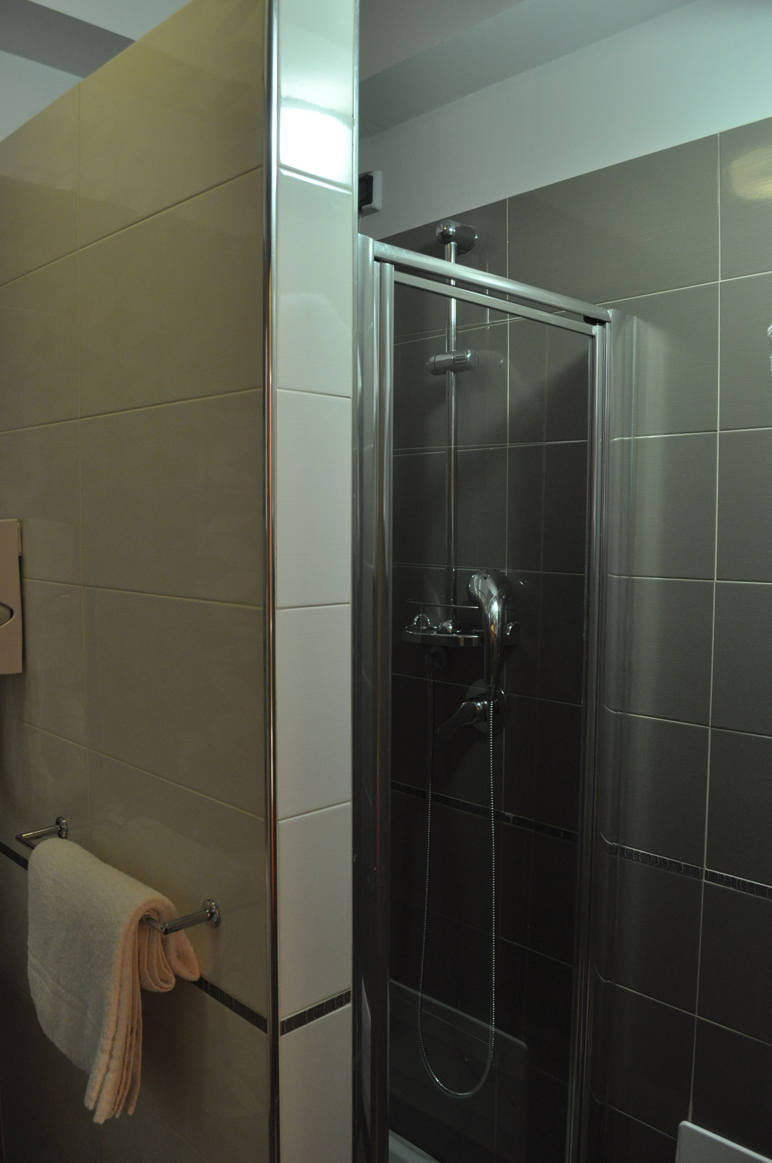 A glass-enclosed shower with a handheld showerhead and a wall-mounted faucet.