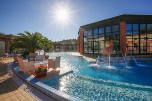Indoor pool, outdoor pool, pool loungers