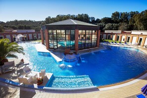 Indoor pool, outdoor pool, pool loungers