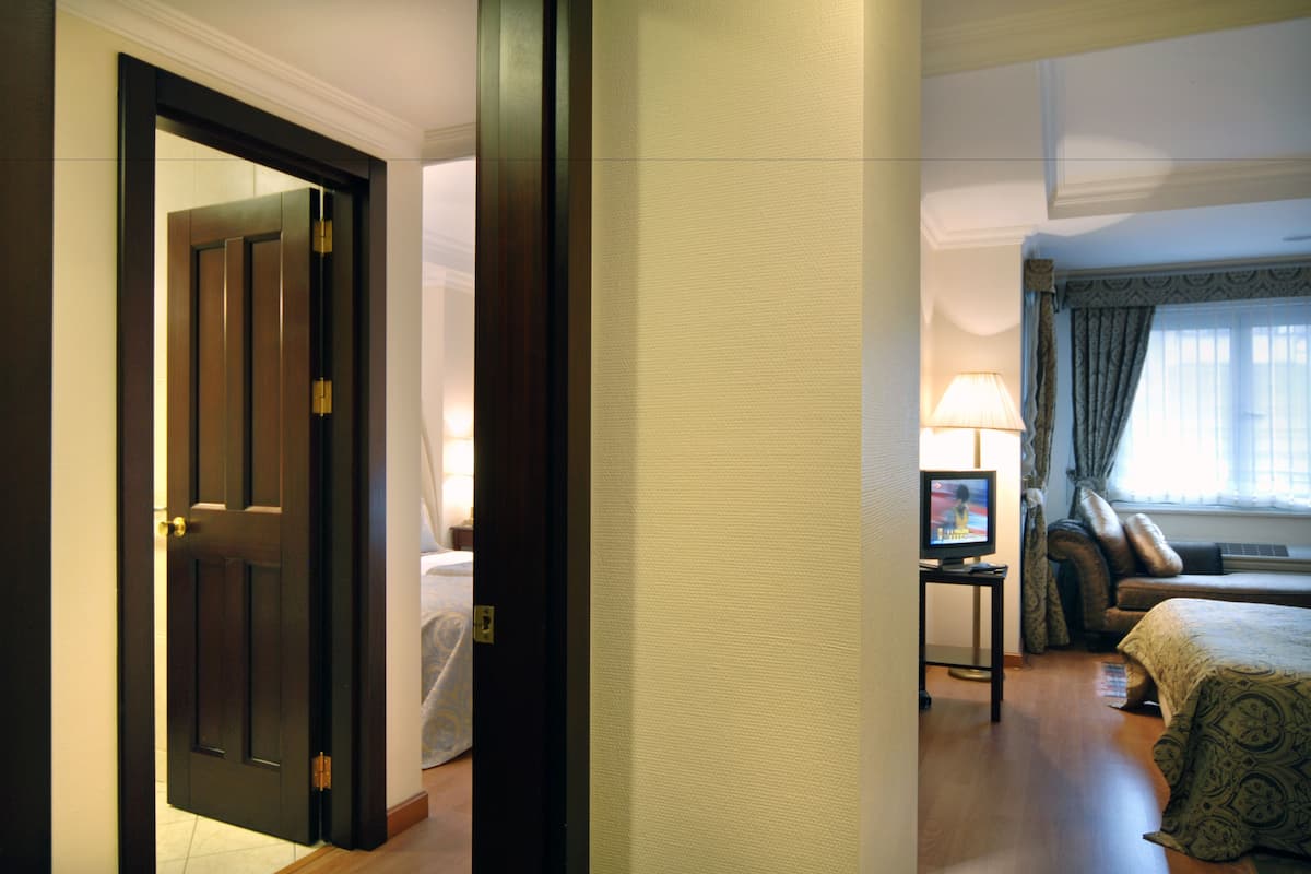 A hotel room with a bed, a television, a sofa, and a window with curtains.