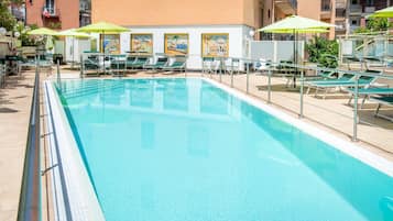 Outdoor pool, open 9:00 AM to 6:30 PM, pool umbrellas, sun loungers