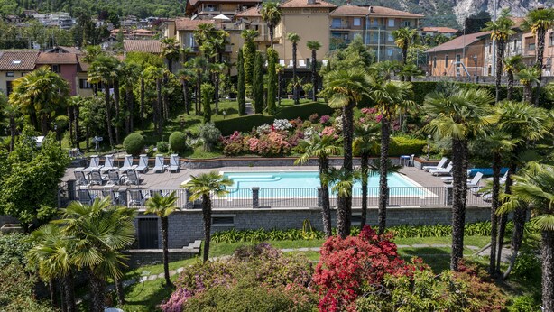 Un resort con piscina rodeada de palmeras y abundante vegetación.