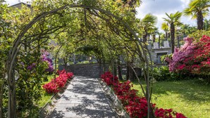 Un sendero bordeado de plantas florecientes y un arco de madera.