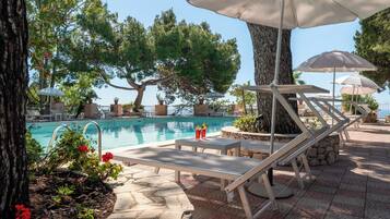 Outdoor pool, pool umbrellas, pool loungers