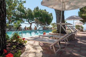 Outdoor pool, pool umbrellas, pool loungers