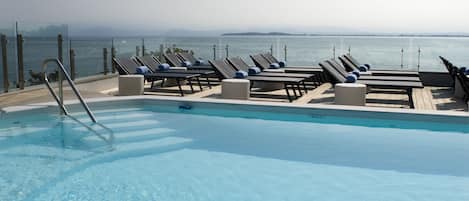 Outdoor pool, pool umbrellas, pool loungers