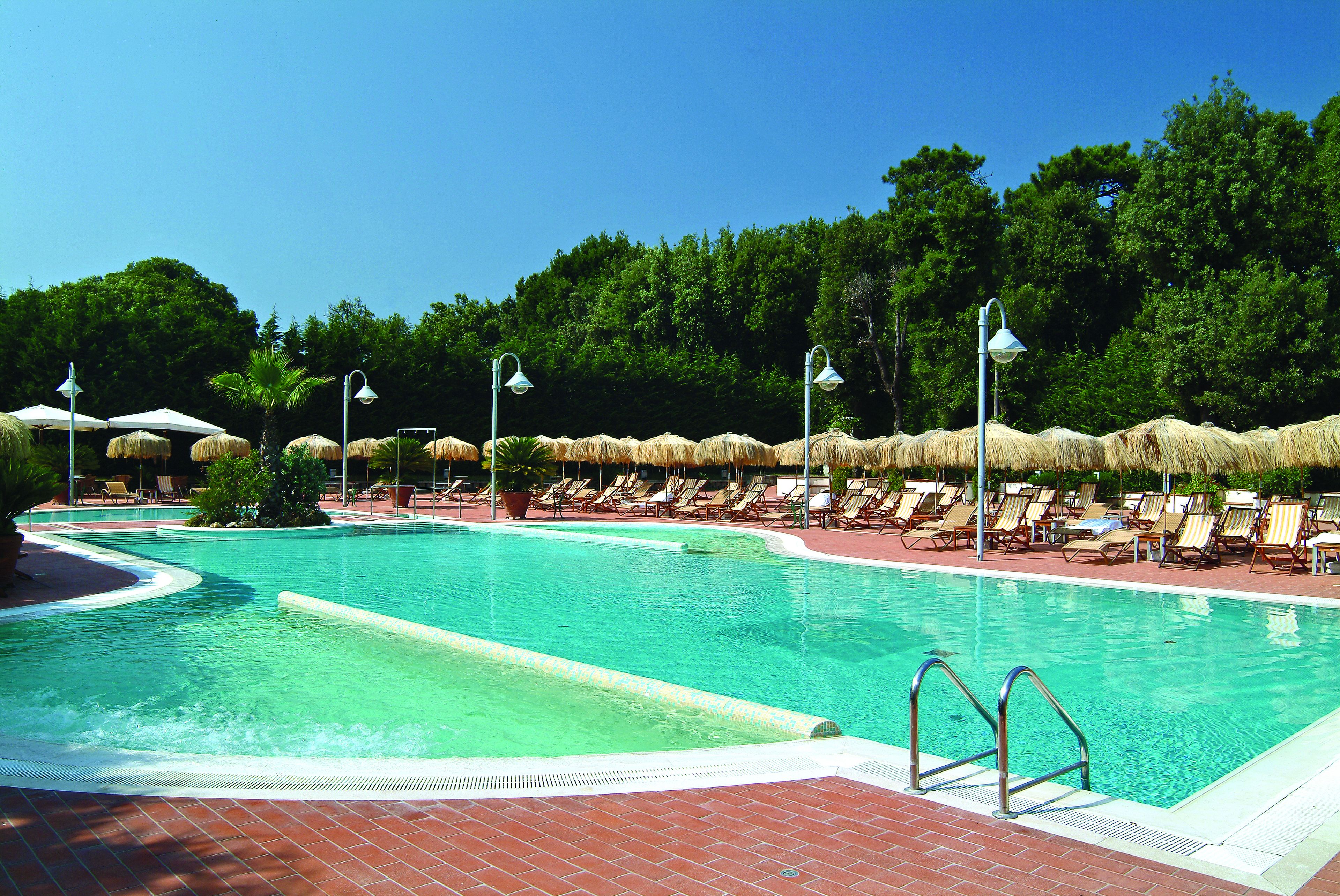 A swimming pool with lounge chairs and umbrellas, surrounded by trees.