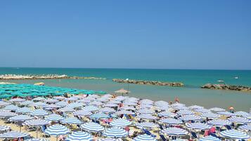 Plage privée, chaises longues, parasols, bar de plage
