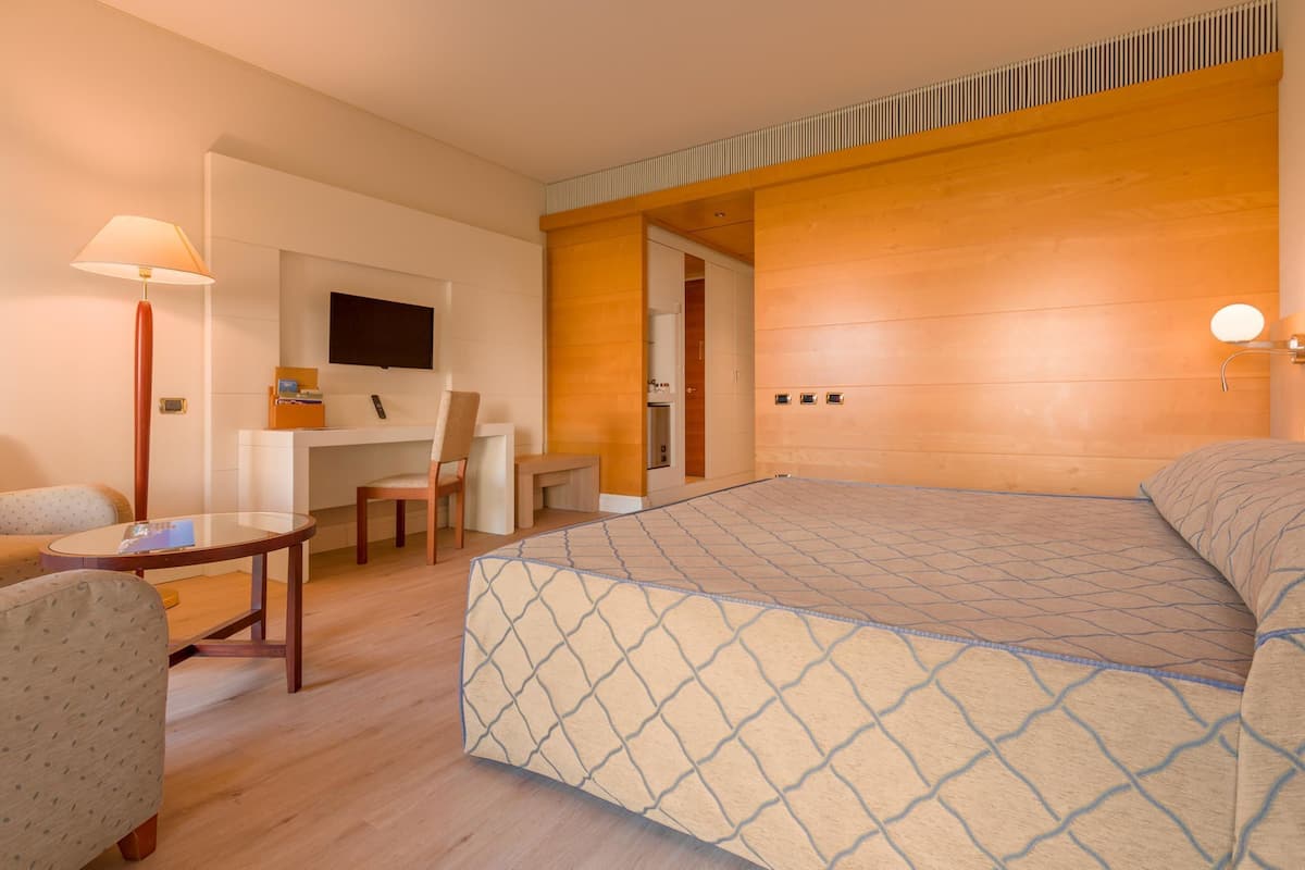 A hotel room with a bed, a desk, a chair, a TV, and a lamp.