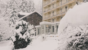 Un hotel de varios pisos con balcones, rodeado de árboles cubiertos de nieve.