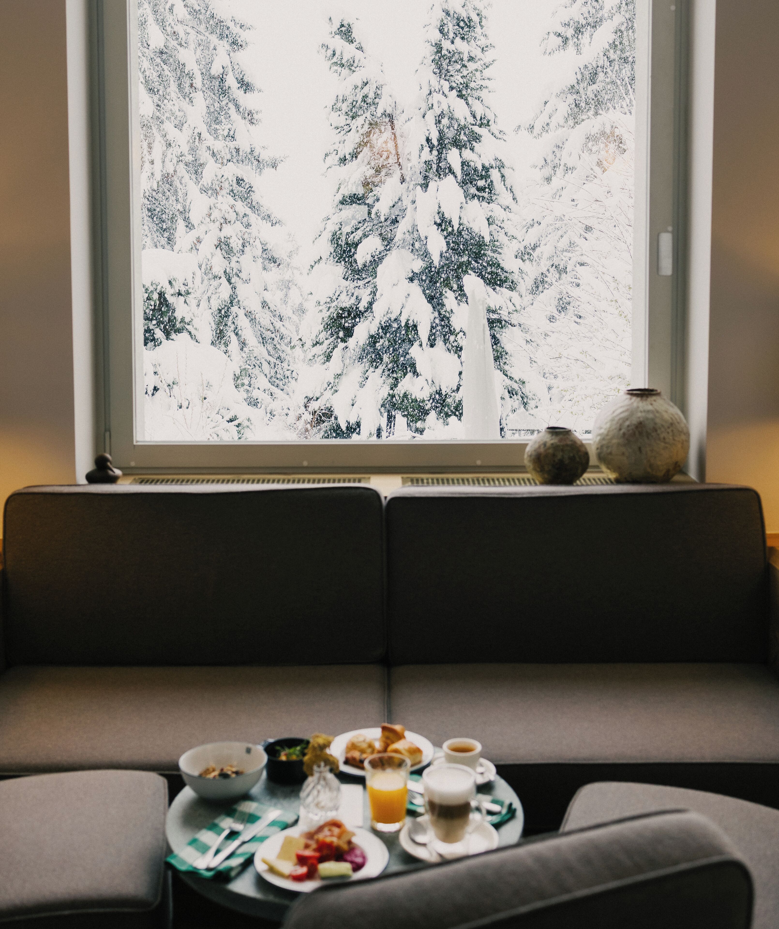 Ein gemütliches Zimmer mit Blick auf einen verschneiten Wald. Ein graues Sofa und ein kleiner Tisch mit Frühstücksgebäck sind zu sehen.