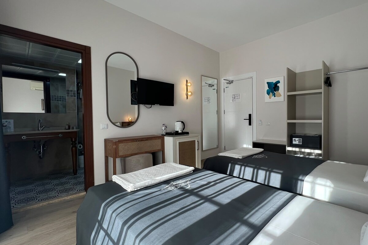 Una habitación de hotel con cama, mesita de noche, espejo, televisor y armario.