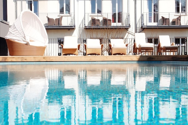 Indoor pool, outdoor pool, pool loungers