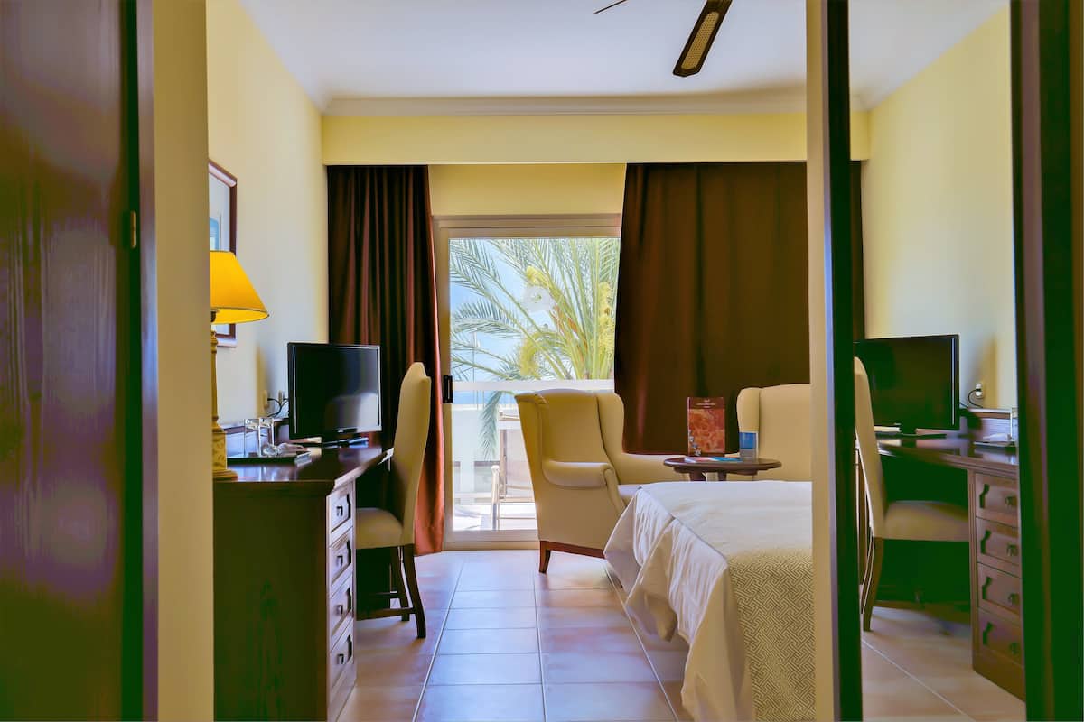 A hotel room with a bed, a desk with a computer, a chair, a television, and a view of palm trees through the window.