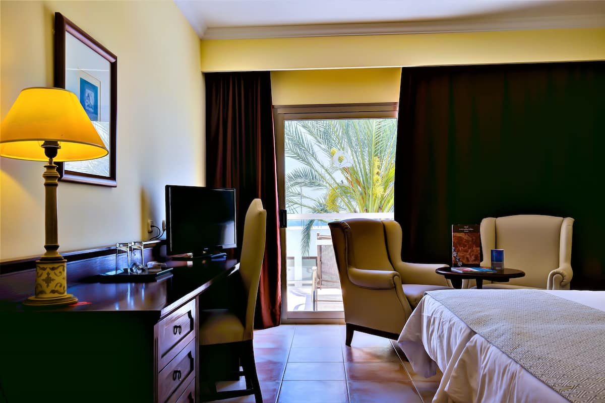 A hotel room with a bed, a desk with a lamp, a chair, a television, and a view of palm trees through the window.