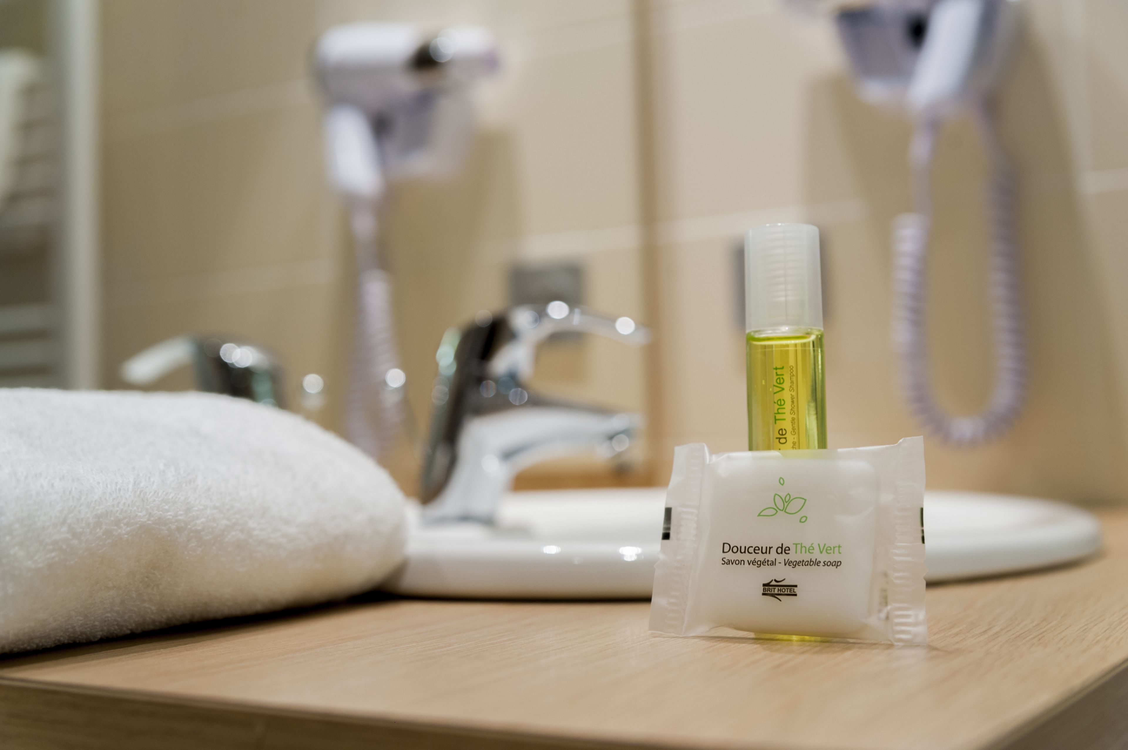 free toiletries, hair dryer, towels