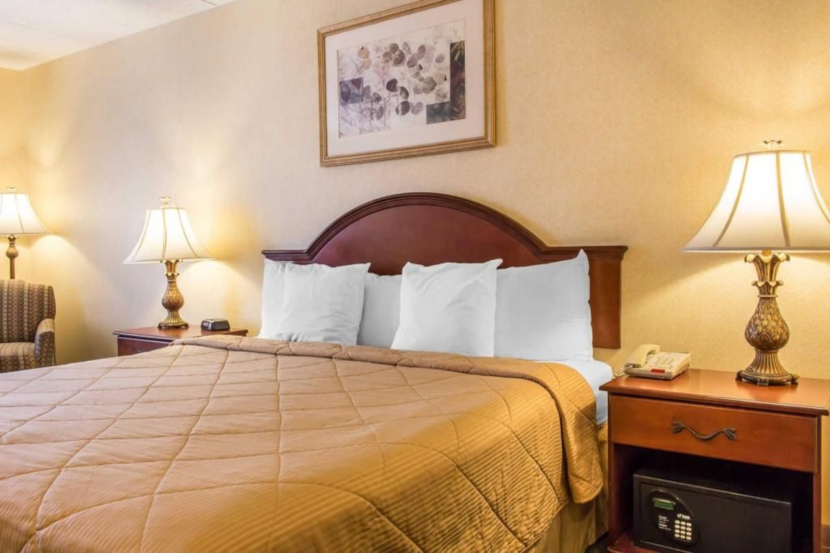 Habitación de hotel con cama, dos lámparas de noche, mesita de noche con teléfono, una silla e imagen en el marco en la pared.
