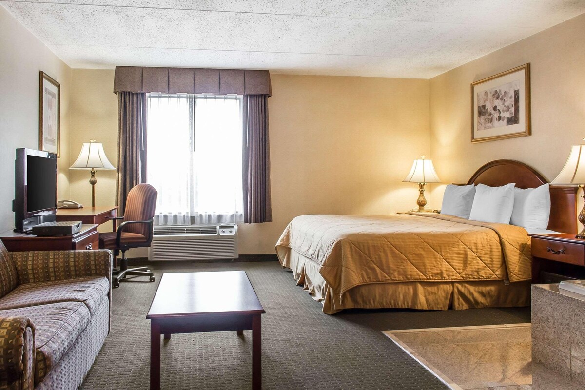 Una habitación de hotel con cama, sofá, escritorio con televisor, silla y ventana con cortinas.